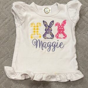 Personalized White Ruffle Hem Tee with Bunny Appliques